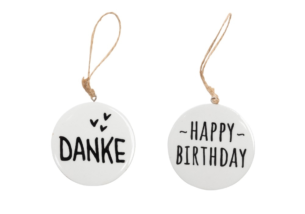 Holz-Haenger, lasiert und sortiert Happy Birthday und Danke weiss, 7x0,4cm 50HOW82