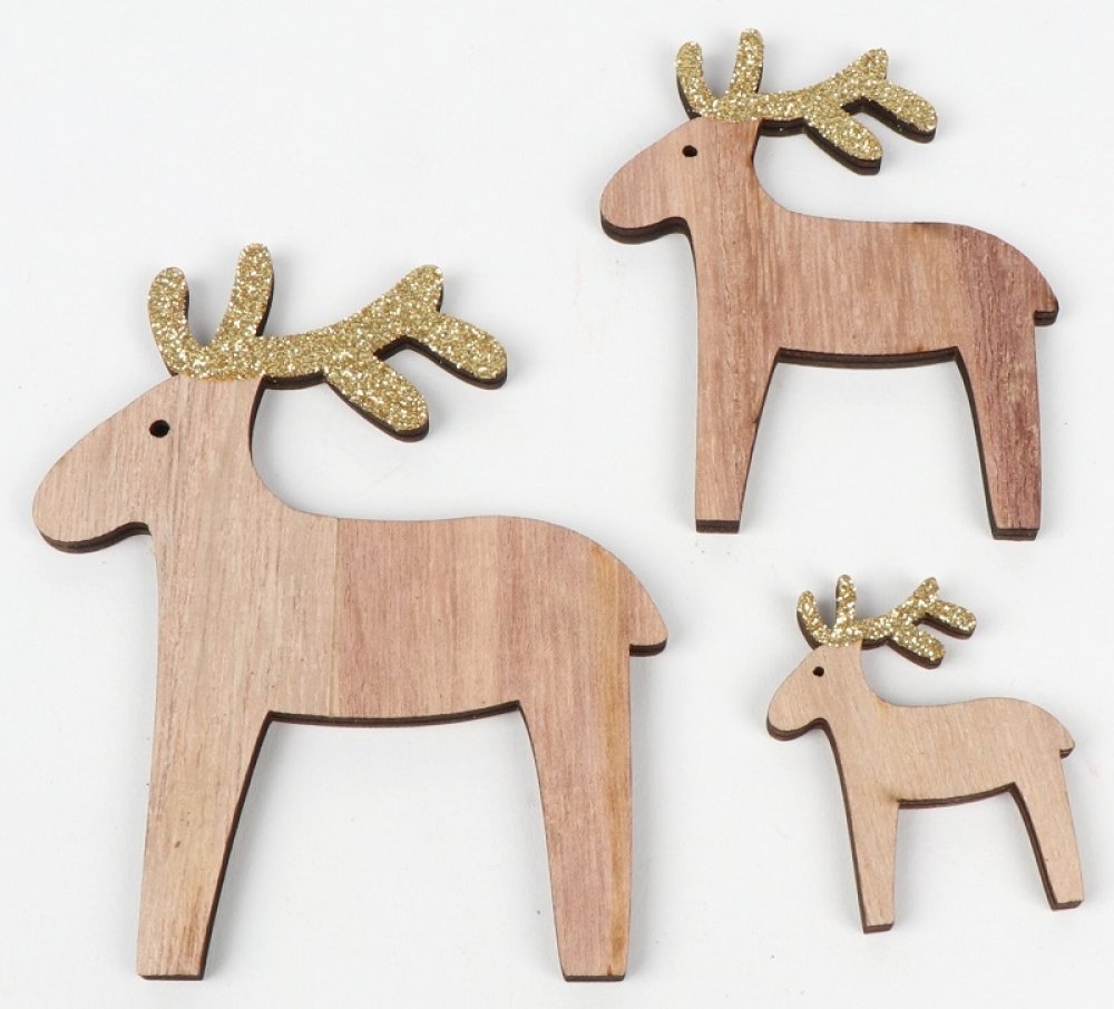 Holz-Rentier m.Glitter L9/7/4cm Box mit 12 Stck.